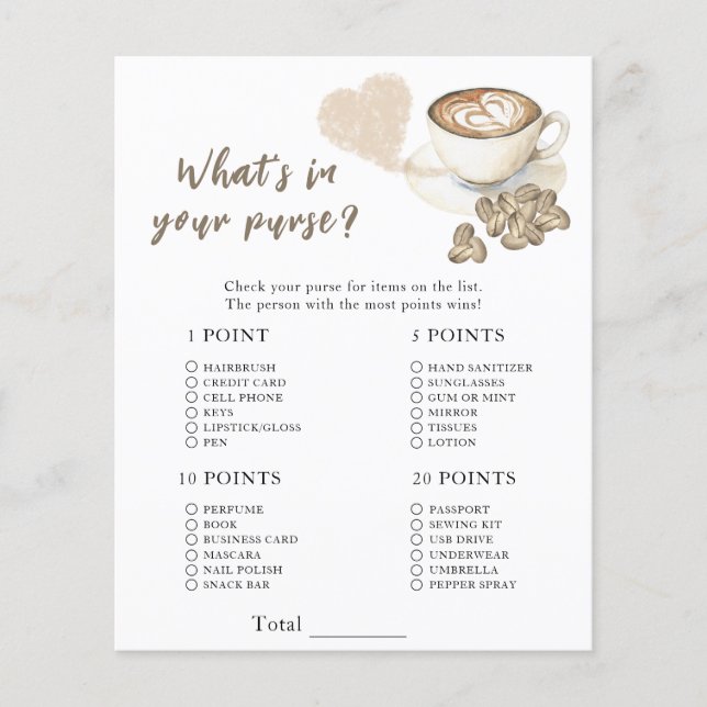 Coffee baby shower - What's in your purse game (Front)