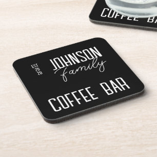 Coffee Bar Family Name Black and White Coaster