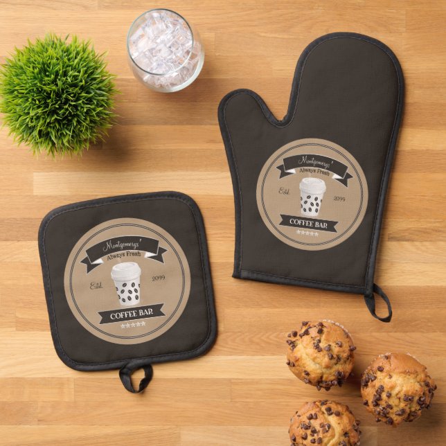 Coffee Bar Oven Mitt & Pot Holder Set (Top Down)