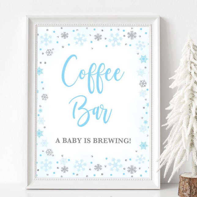 Coffee Bar Winter Blue & Silver Baby Shower Sign  (Coffee Bar A Baby is Brewing Winter Blue Baby Shower Sign, Blue & Silver Glitter Snowflakes)