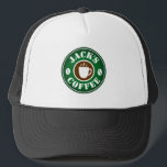 Coffee bean and cup logo trucker hat for barista<br><div class="desc">Coffee bean and cup logo trucker hat for barista. Custom hats for shop employees,  coworker,  colleague,  boss,  company staff,  store personnel etc. Add your own personalised business name.</div>