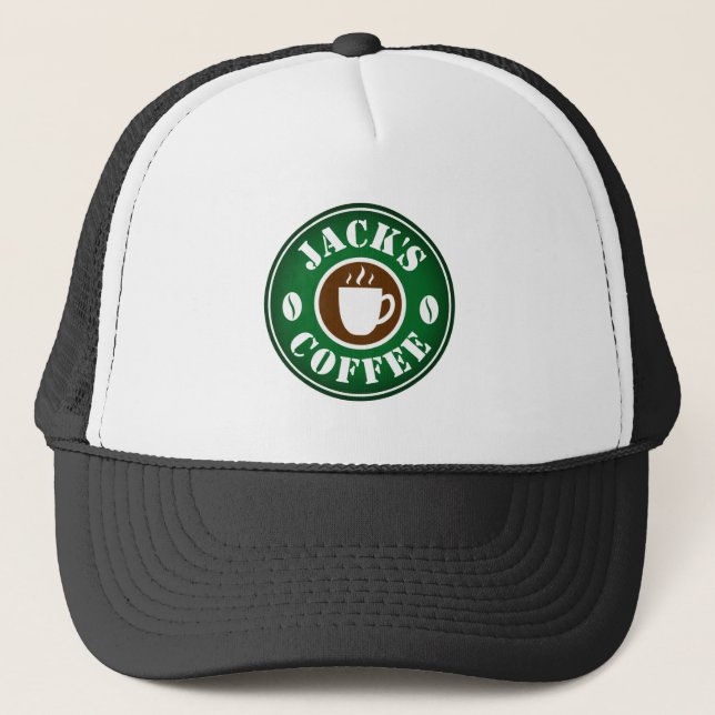 Coffee bean and cup logo trucker hat for barista (Front)