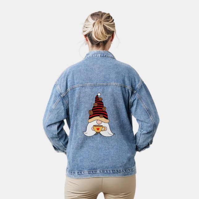 Coffee Bean Hat Coffee Drinking Gnome Womens Denim Jacket (Model)