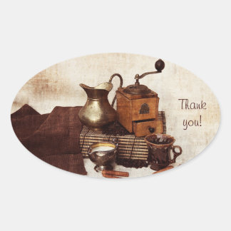 Coffee beans and old coffee mill thank you sticker