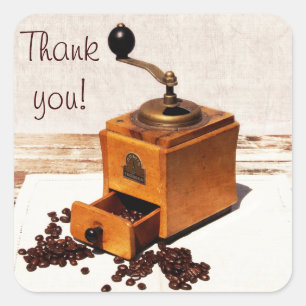 Coffee beans and old coffee mill thank you sticker