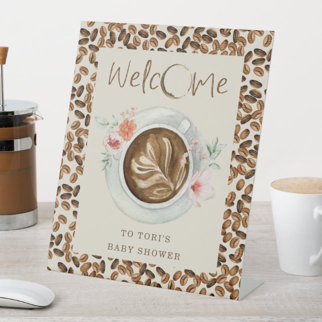 Coffee Beans Baby Shower Welcome Floral Pedestal Sign (In SItu)
