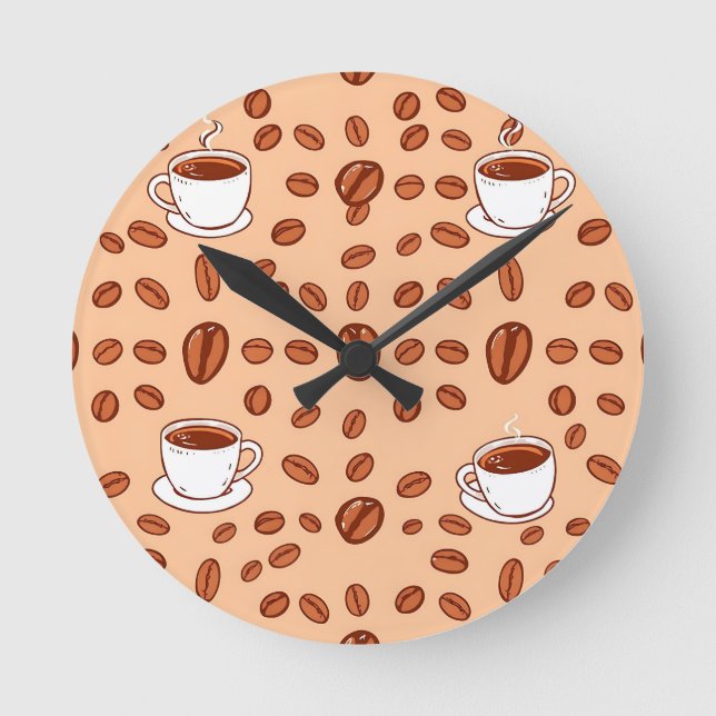 Coffee Beans Cups Cozy Pattern Round Clock (Front)