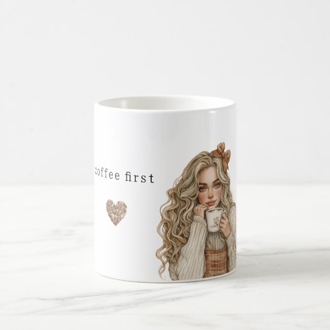 Coffee Beans Heart Cream Blond Female Coffee Mug (Center)