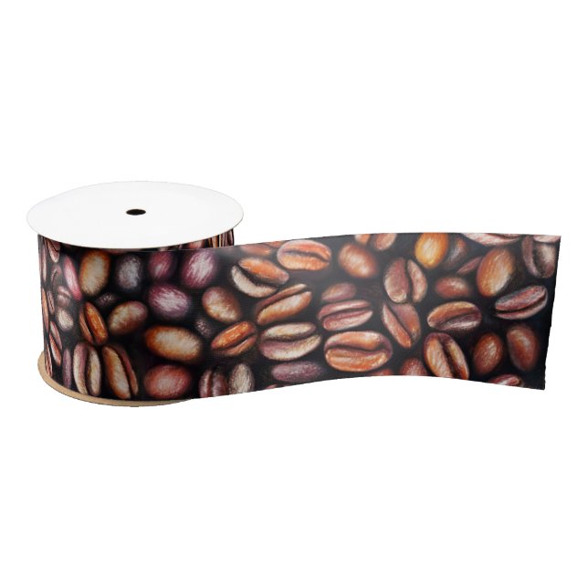   Coffee Beans Pencil Drawing Pattern Rustic Brown Satin Ribbon (Spool)