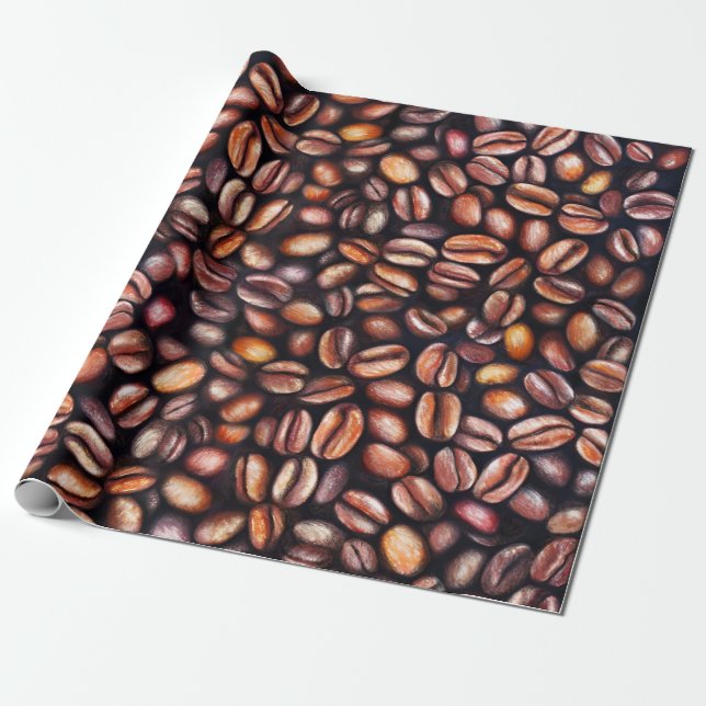   Coffee Beans Pencil Drawing Pattern Rustic Brown Wrapping Paper (Unrolled)