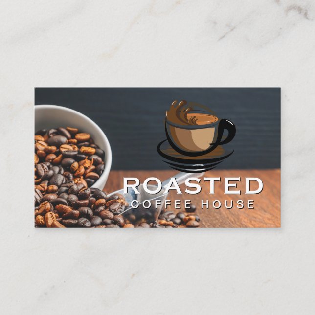 Coffee Beans Pouring Out w Scoop | Cafe Logo Business Card (Front)