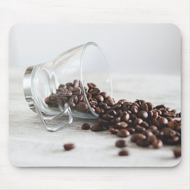 Coffee Beans Spilling out of a Clear Coffee Cup Mouse Mat (Front)