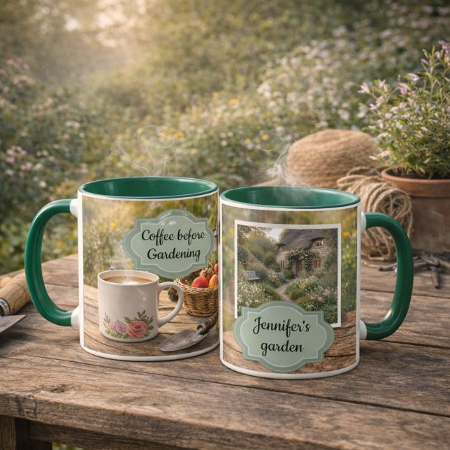 Coffee before gardening morning garden photo mug (Create your own personal  Coffee before gardening, morning in the garden photo mug. )