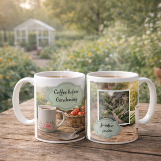 Coffee before gardening morning garden photo mug