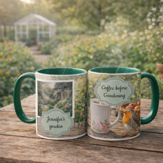 Coffee before gardening robin morning garden photo mug