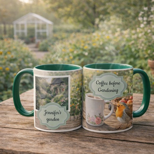 Coffee before gardening robin morning garden photo mug (Coffee before gardening robin morning garden photo mug, You can add your own photo, name and text.)