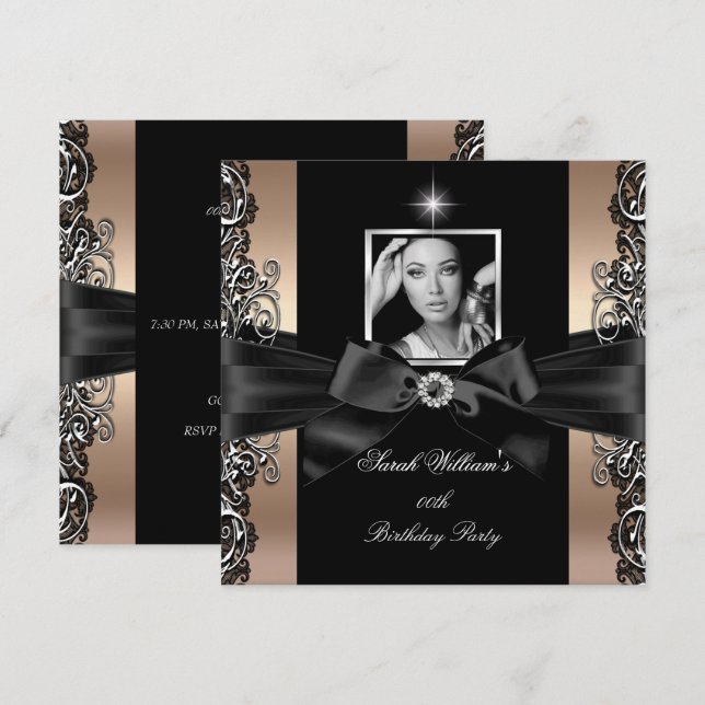 Coffee Beige Birthday Party Black Silver Photo Invitation (Front/Back)