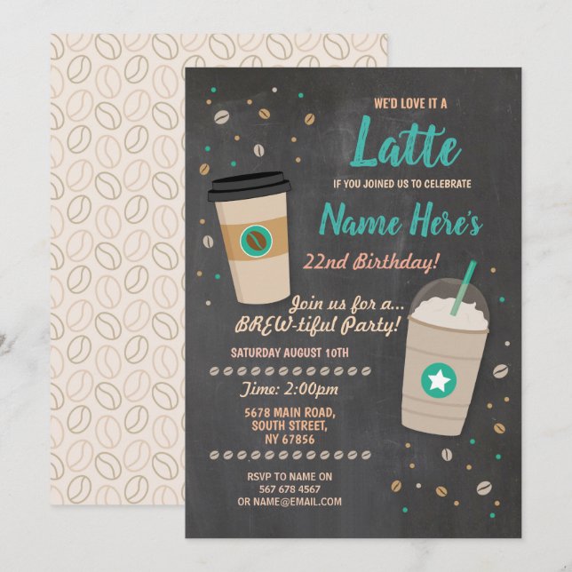 Coffee Birthday Latte Cafe Shop Chalk Celebration Invitation (Front/Back)