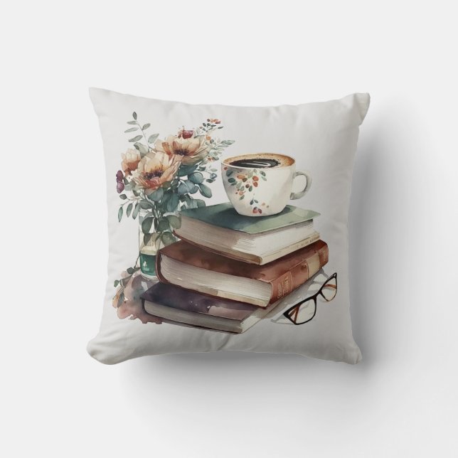 Coffee Boho Floral Green Brown Watercolor Cushion (Front)