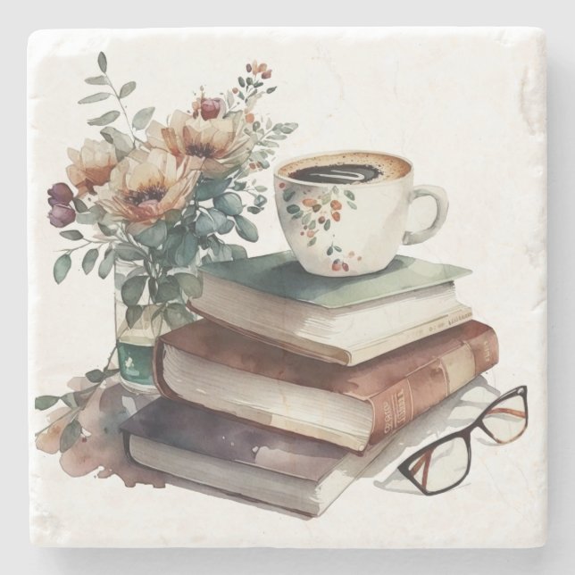Coffee Boho Floral Watercolor Green Brown Stone Coaster (Front)