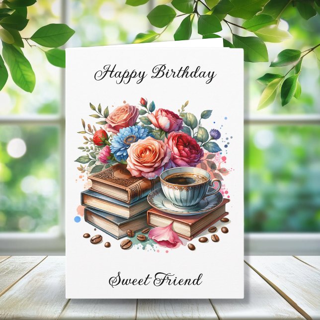 Coffee, Books and Flowers Personalised Birthday Card (Creator Uploaded)