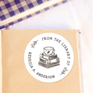 Coffee & Books Boho Personal Library Bookplate Classic Round Sticker