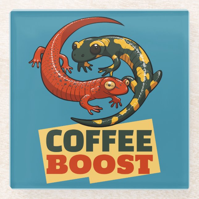 Coffee Boost Cute Red & Fire Salamanders Cartoon Glass Coaster (Front)