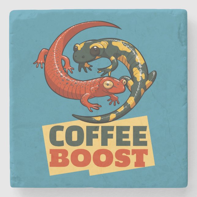 Coffee Boost Cute Red & Fire Salamanders Cartoon Stone Coaster (Front)