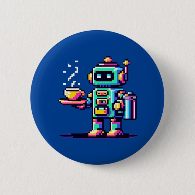 Coffee Bot: 8-Bit Robotic Barista 6 Cm Round Badge (Front)
