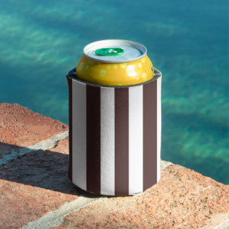 Coffee Brown and White Vertical Stripes Can Cooler
