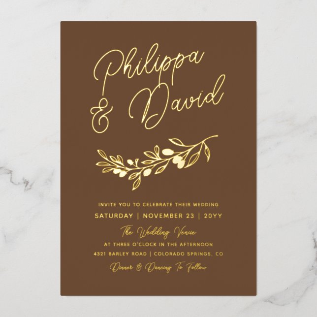 Coffee Brown Berry Branch Names In Script Wedding (Front)