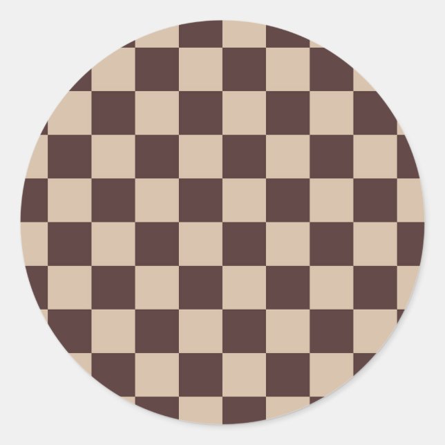 Coffee Brown Chequerboard Classic Round Sticker (Front)