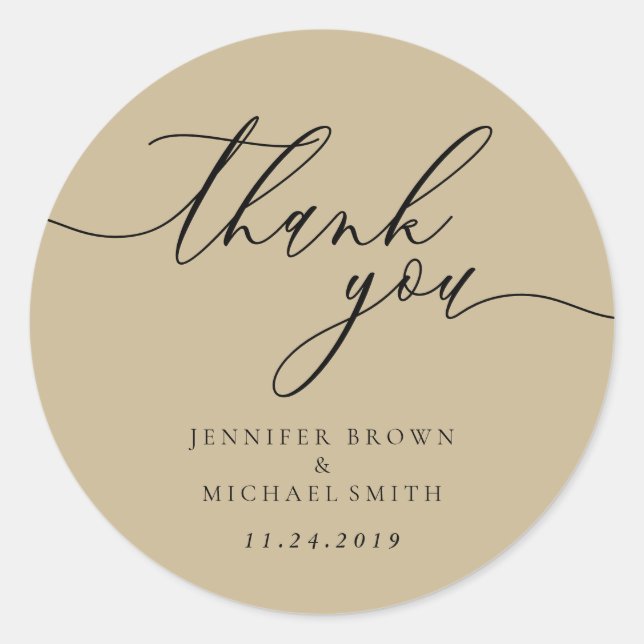 Coffee Brown Colour Palette Calligraphy Thank You Classic Round Sticker (Front)