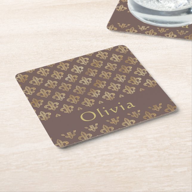 Coffee Brown & Gold Fleur De Lis Personalised Square Paper Coaster (Angled)