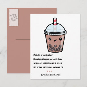 Coffee Brown Kawaii Bubble Tea Birthday Party Postcard