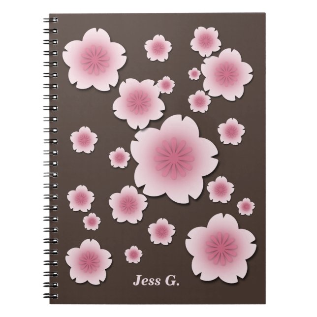 Coffee Brown Pink Cherry Blossoms Custom Notebook (Front)