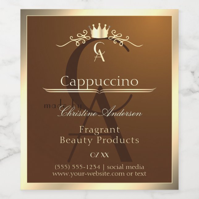 Coffee Brown Product Label Gold Frame and Monogram (Single Label)
