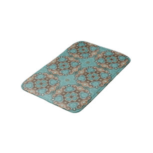 Coffee Brown Turquoise Green Bali Batik Pattern Bath Mat