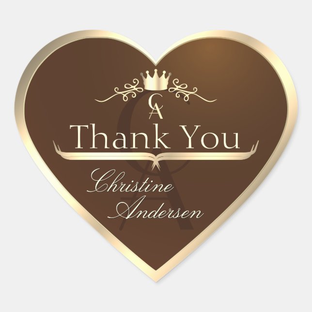 Coffee Brown with Gold Frame Monogram Thank You Heart Sticker (Front)
