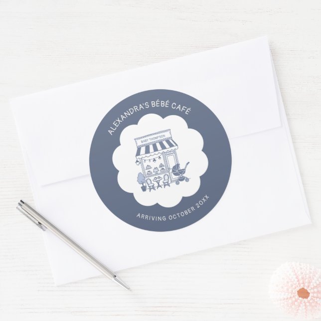 Coffee Brunch Theme Bebe Cafe Blue 2 Baby Shower Classic Round Sticker (Envelope)