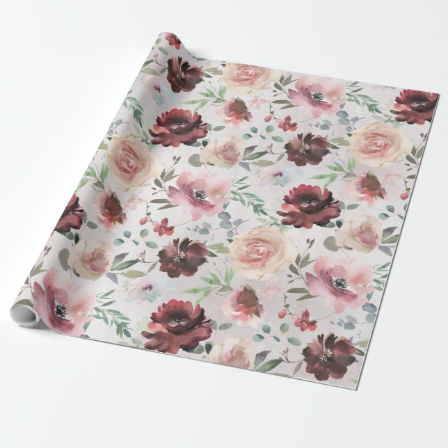 Coffee Burgundy Pink Peony & Mondial Roses Garden Wrapping Paper (Unrolled)