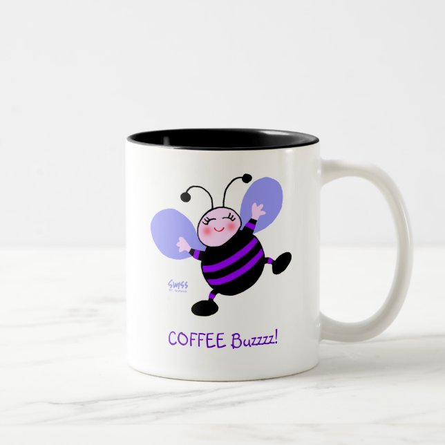 Coffee Buzz Cute Cartoon Purple Bee Work Addict Two-Tone Coffee Mug (Right)