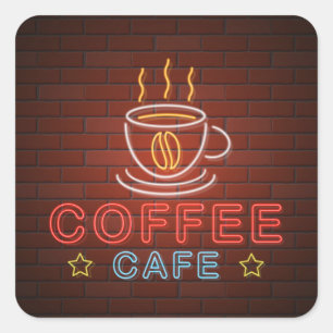 Coffee Cafe Neon Sign Square Sticker