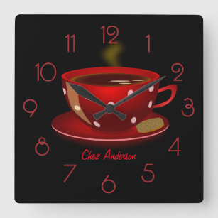 Coffee Cafe Red and Black Personalized Square Wall Clock