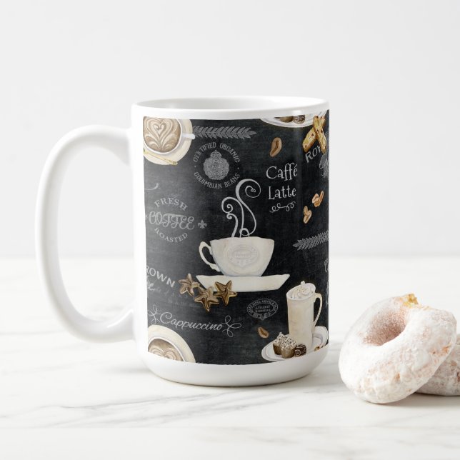 Coffee Cappuccino Mocha Typography Art Decoupage Coffee Mug (With Donut)