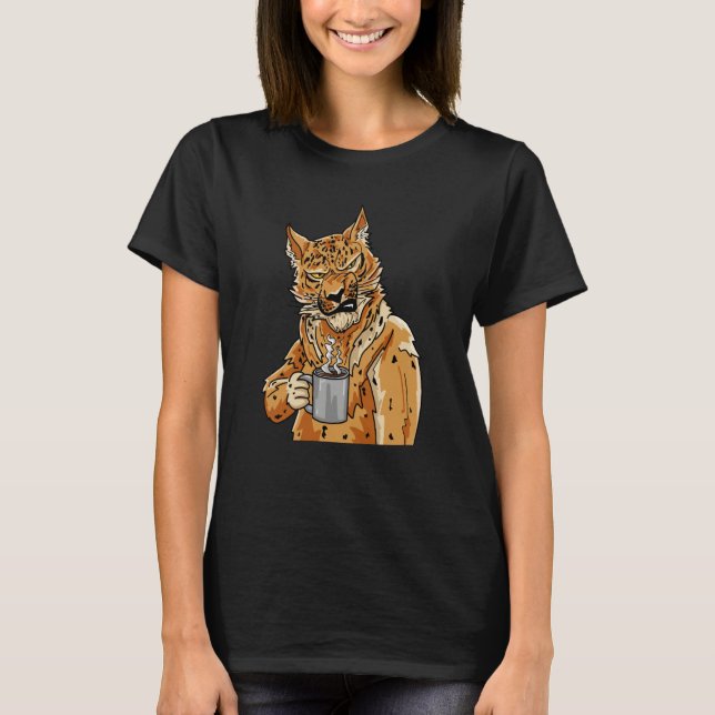 Coffee Cat Grumpy Morning Leopard Barista Cafe T-Shirt (Front)