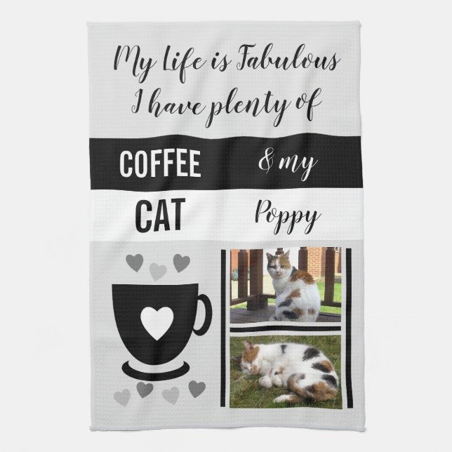 Coffee cat pet life is fabulous photos grey black tea towel (Vertical)