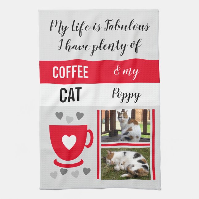 Coffee cat pet life is fabulous photos grey red tea towel (Vertical)