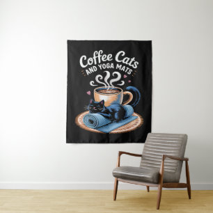 Coffee Cats and Yoga Mats Funny Cat Yoga Tapestry
