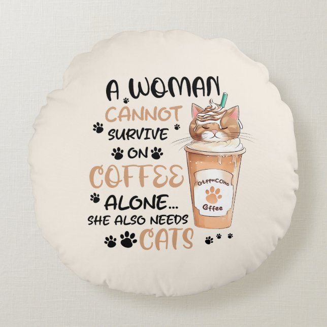 Coffee & Cats – Cute Kawaii Art Round Cushion (Front)